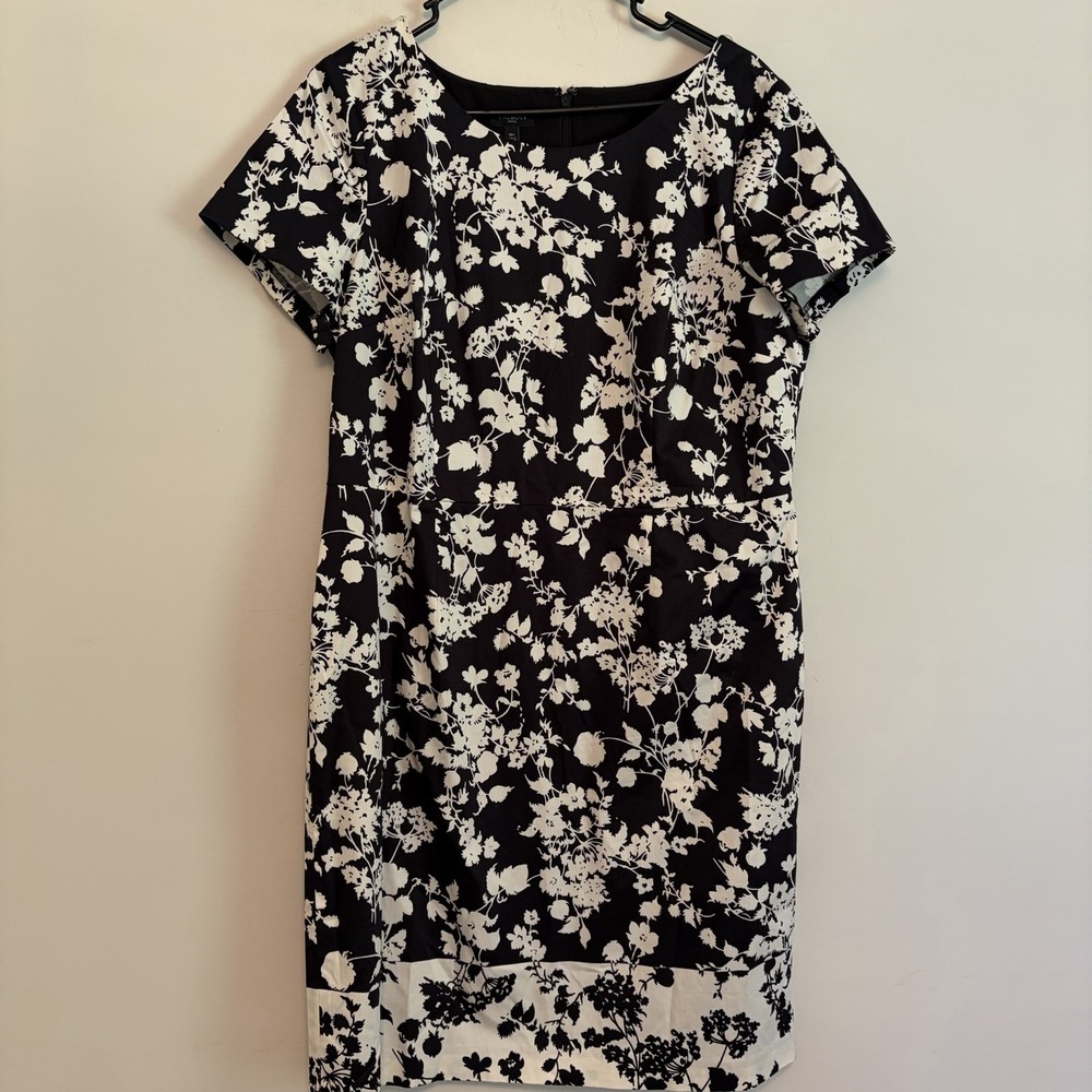 Talbots 16 P Black White Floral Dress Feminine Modern Classic Knee Length Work
